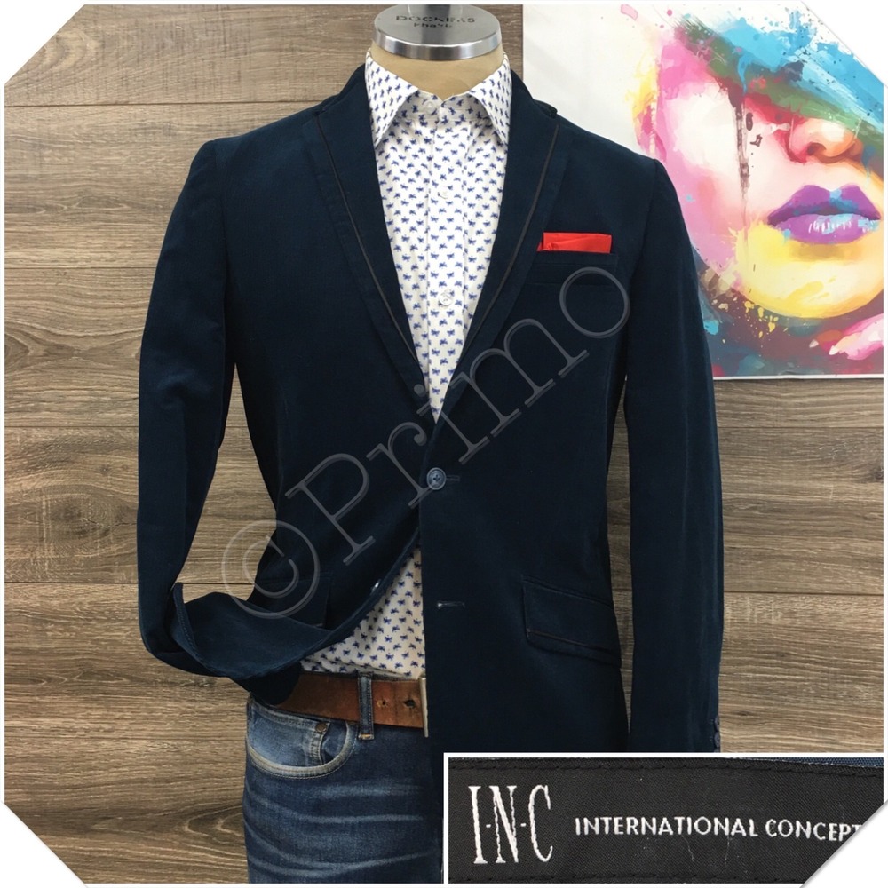 INC Mens Corduroy Blazer Sport Coat Casual Jacket Size S (38R) Slim Blue Suit